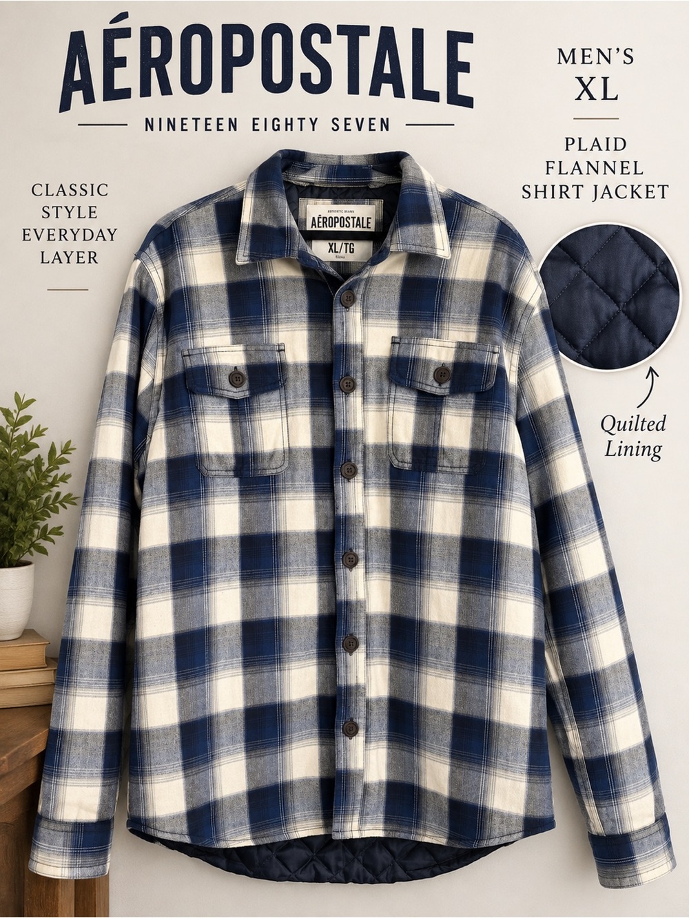 Aeropostale Men’s XL Plaid Quilted Lined Flannel Shirt Jacket Navy Cream